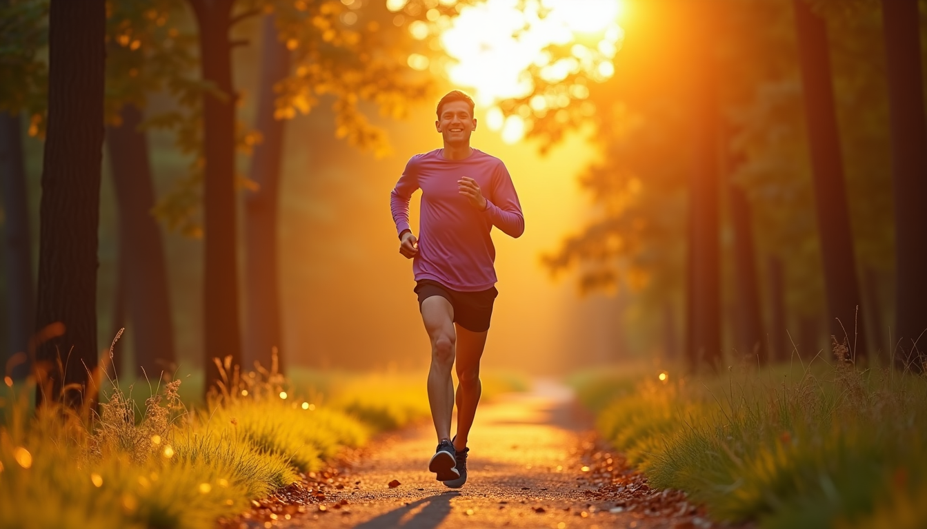 Person jogging at a conversational pace on a park trail during golden hour, representing Zone 2 training.