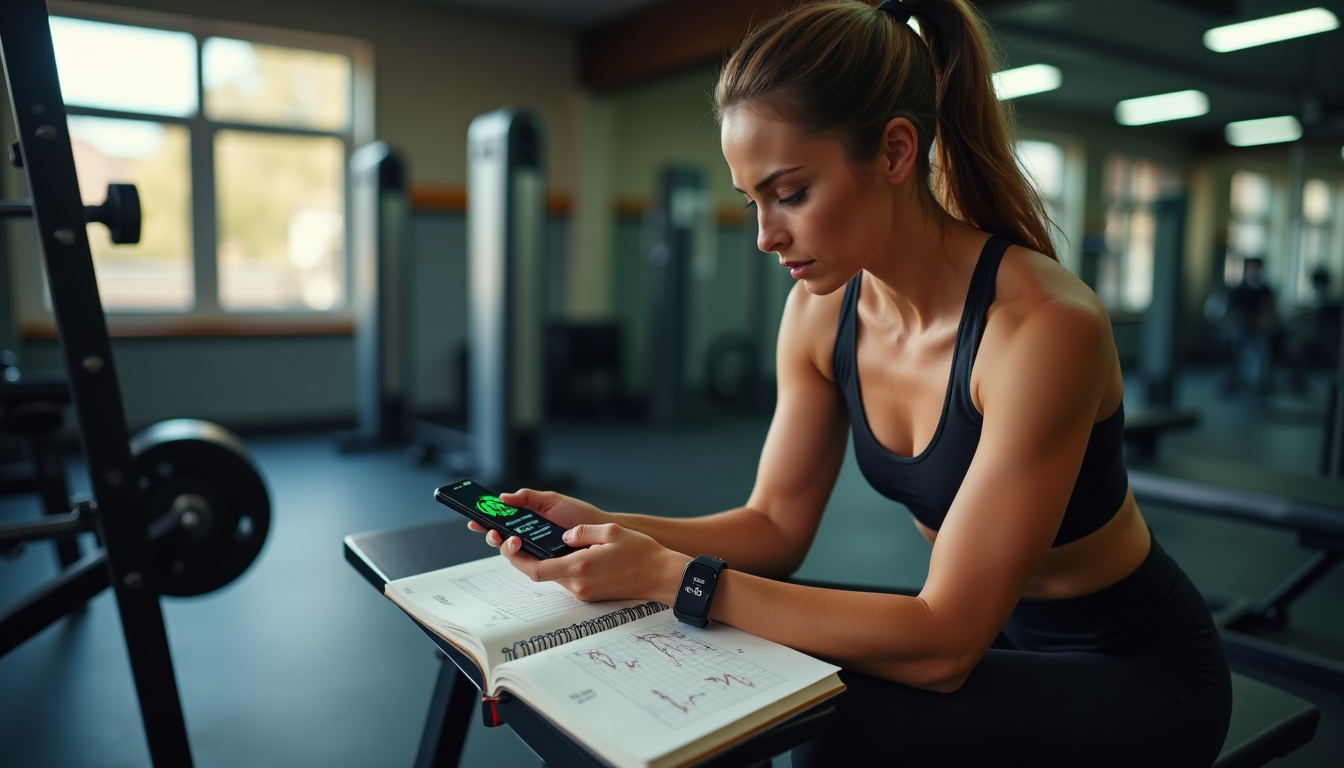 photo of an athlete looking thoughtfully at biometric data on a fitness tracker and a notebook
