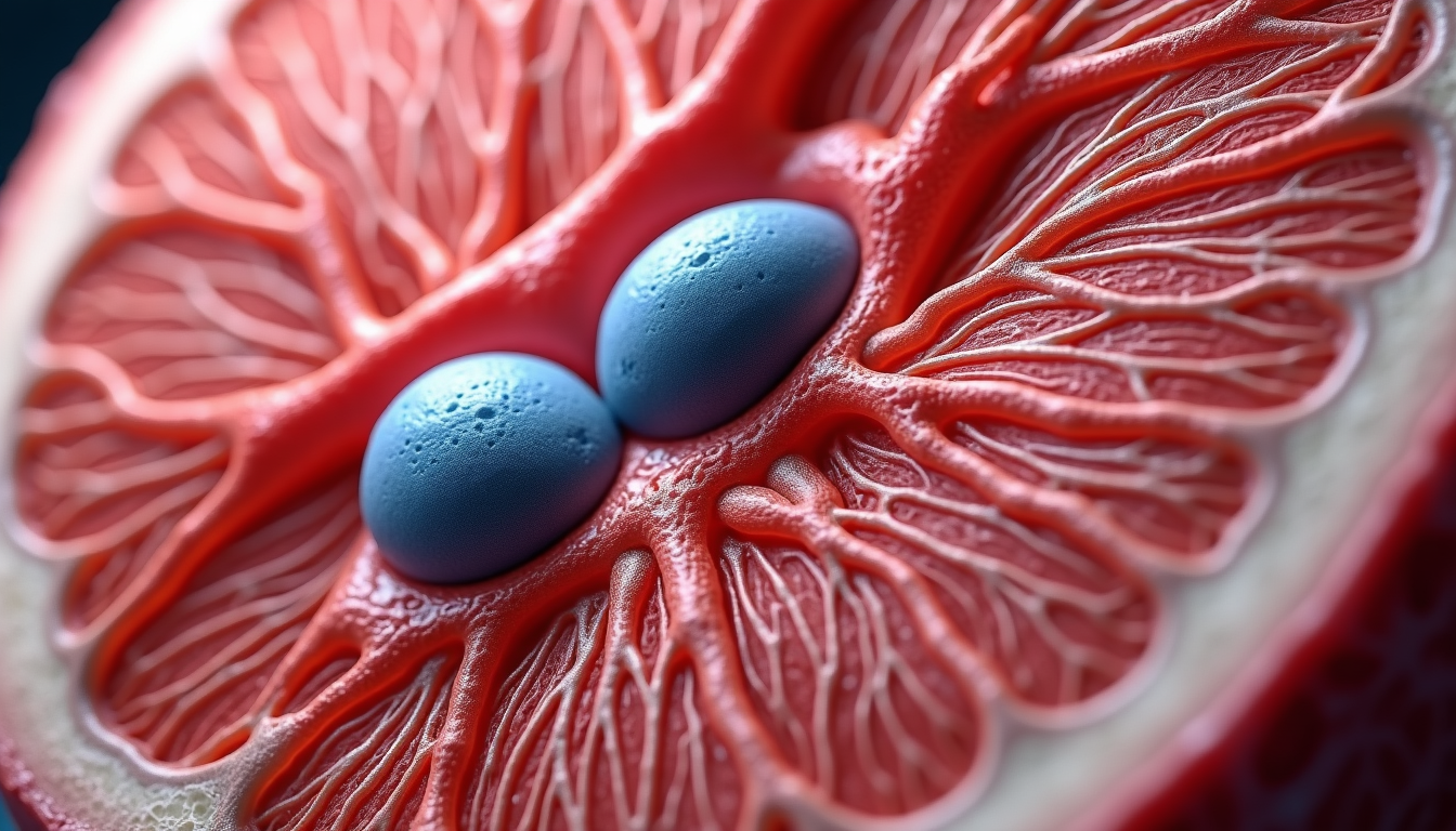 realistic rendering of a cross-section of muscle tissue showing blood vessels and mitochondria, with a visual cue highlighting reduced fluid volume