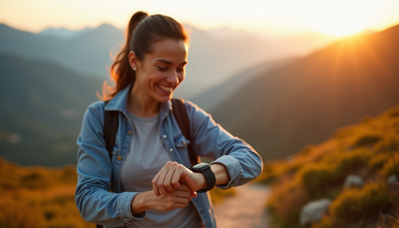 photo of a person looking at a fitness tracker on their wrist while standing on a mountain trail, appearing mindful and energized