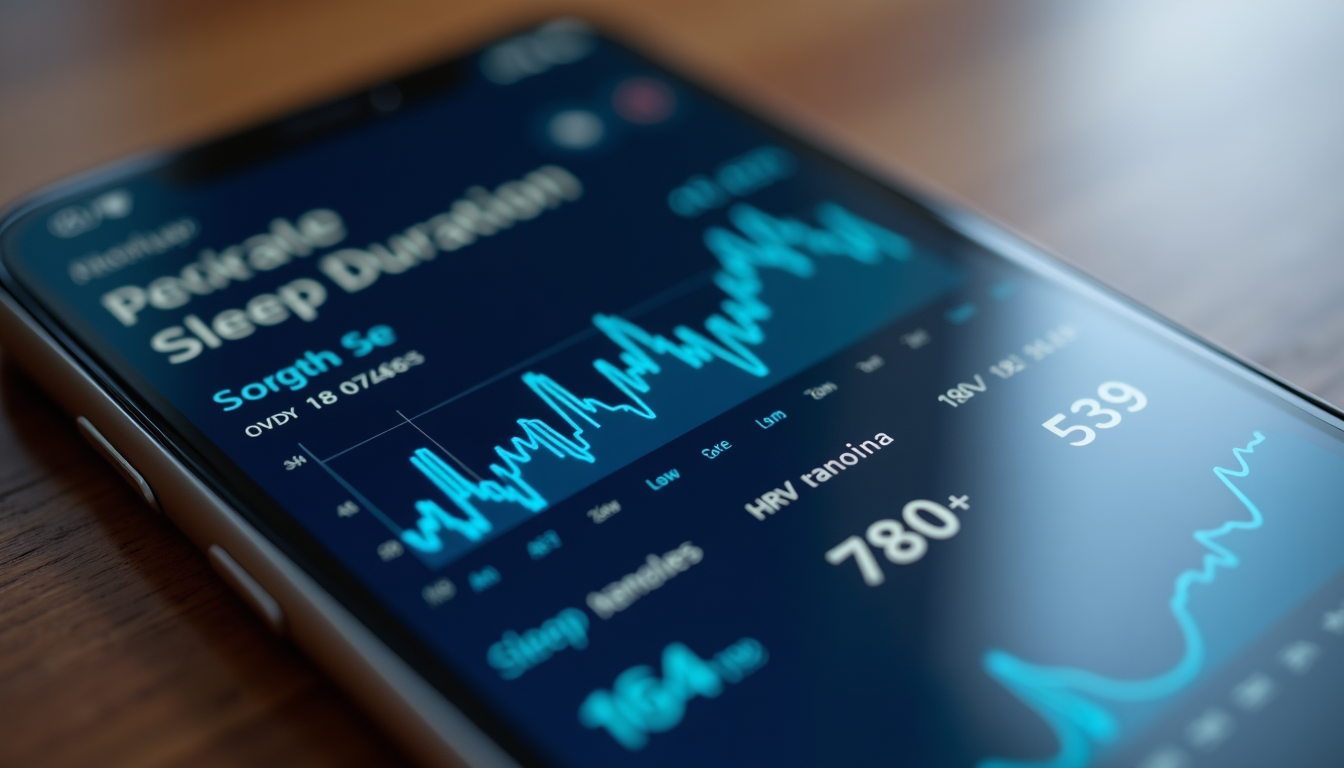 Close-up photo of a smartphone screen showing a detailed sleep analysis dashboard with stages, HRV, and duration