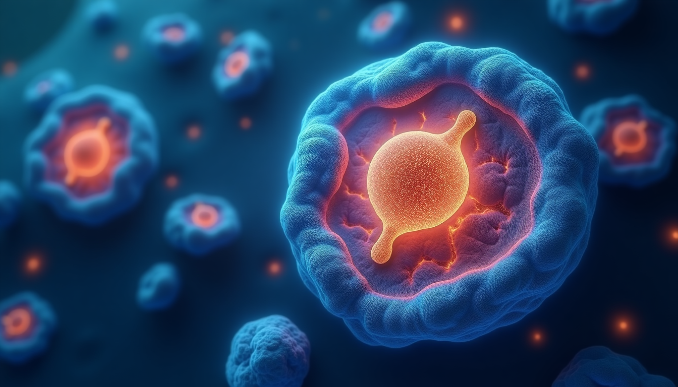 electron microscope photo of a mitochondrion within a cell, glowing with energy