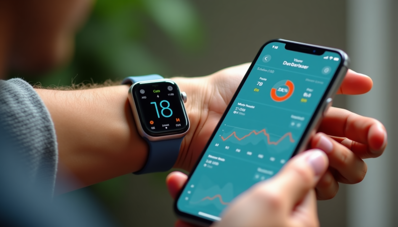 photo of a wrist wearing a smartwatch and a hand holding a smartphone showing a health dashboard
