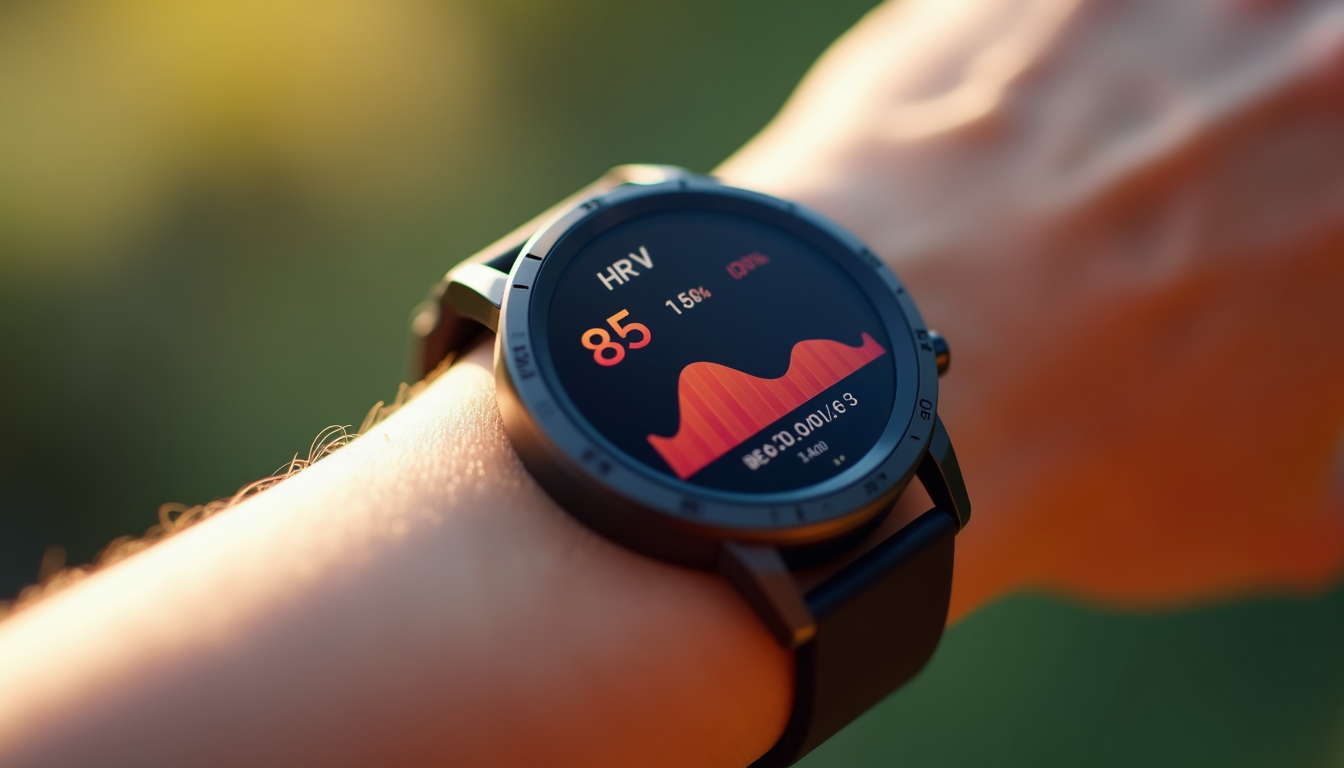 Close-up photo of a modern fitness watch or smart ring displaying a clear HRV reading or recovery score on its screen.