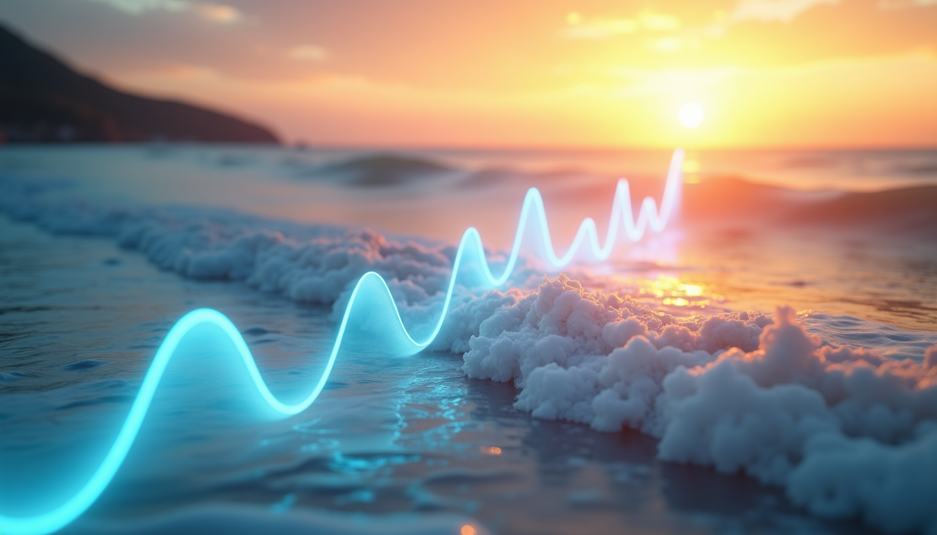 realistic rendering of a smooth, undulating wave graph overlaid on a photo of a serene coastline, symbolizing rhythm