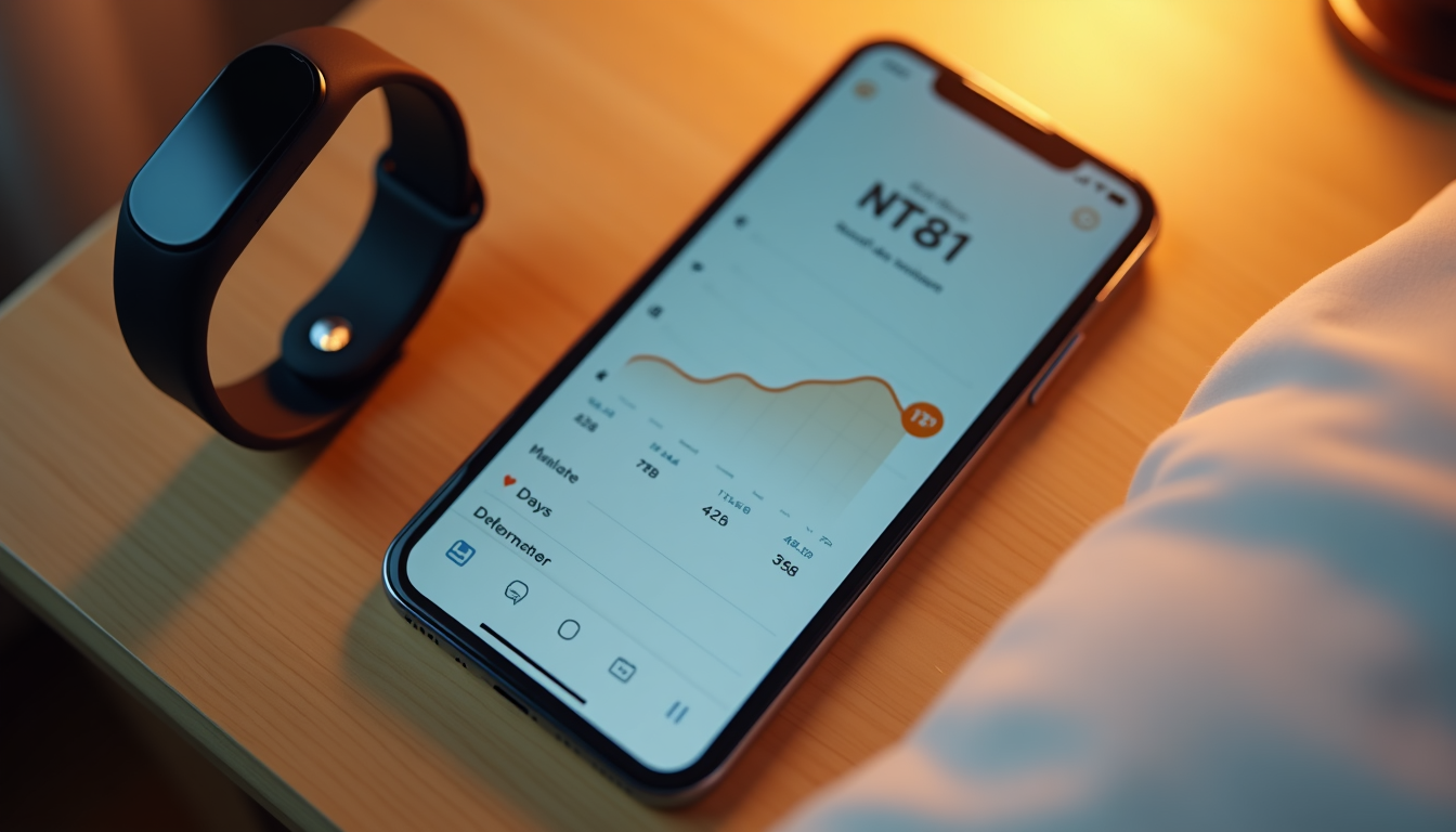 photo of a smartphone screen showing a clean, easy-to-read HRV trend graph over a week, alongside a wearable fitness tracker on a nightstand