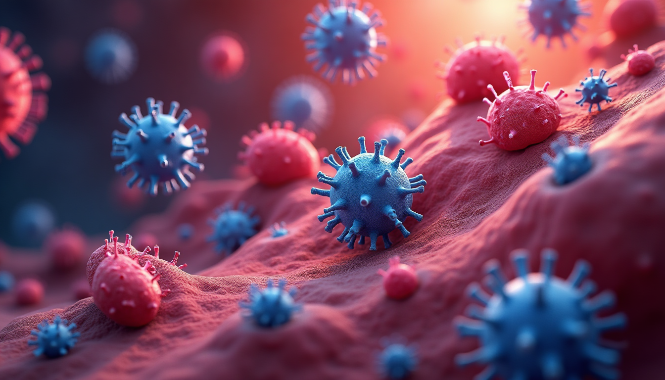 Illustration of the key components of the immune system, including white blood cells, lymph nodes, antibodies, and other immune system organs