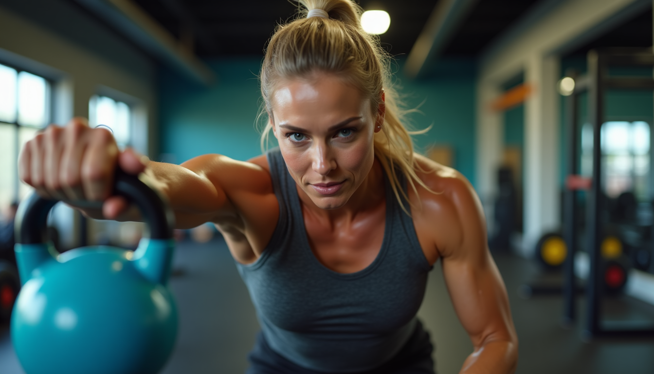 person performing a kettlebell swing during a high-intensity interval training (HIIT) session in a gym