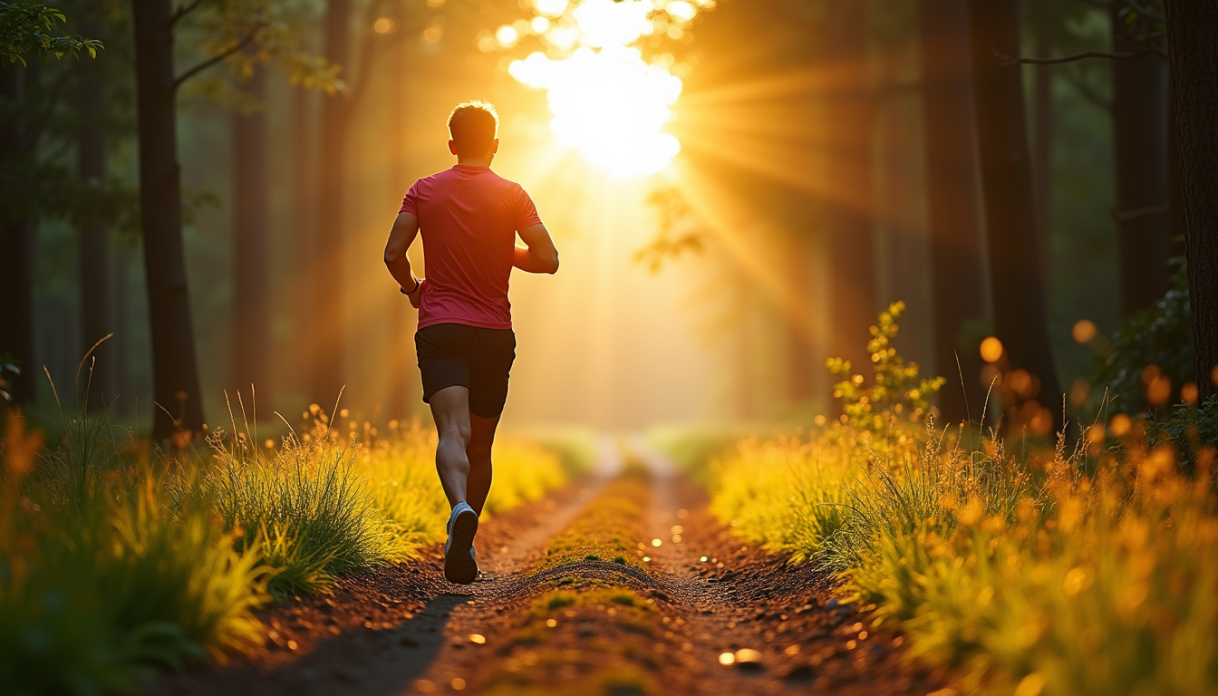 person running on a forest trail during a break, symbolizing an active recovery ritual