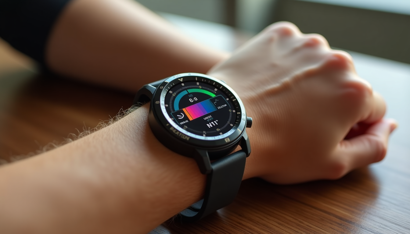 photo of a smartwatch or fitness tracker on a person's wrist, showing a heart rate and recovery data screen