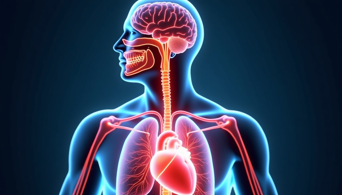A realistic anatomical diagram showing the brainstem, vagus nerve, heart, and lungs, with visual pathways highlighting the connection between breath and autonomic response.