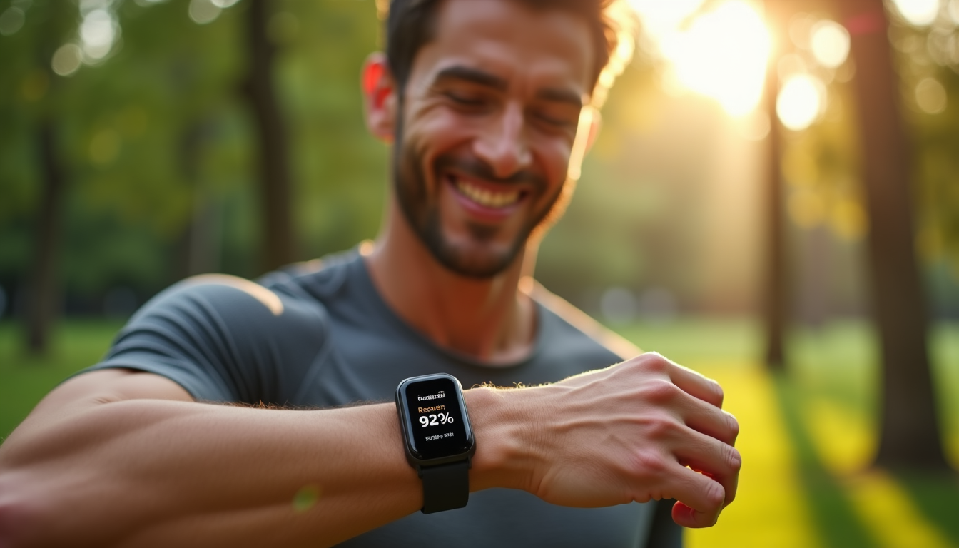 Athlete checking a fitness tracker after a morning run, looking at recovery metrics with a smile