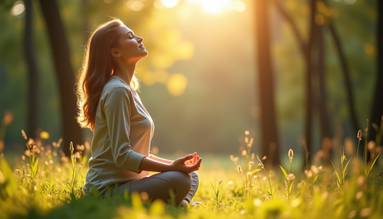 A person sitting calmly in a natural setting, eyes closed, practicing breathwork without any devices, symbolizing the internalization of the practice.