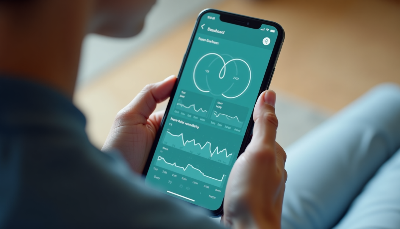 A smartphone screen showing a live data dashboard with real-time graphs for Respiratory Rate, Heart Rate, and HRV during a breathing session.