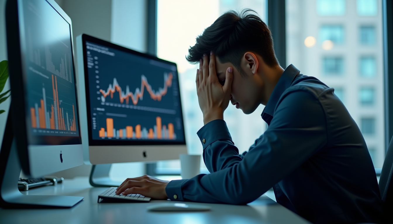 photo of a person looking overwhelmed at a desk with multiple screens, head in hands