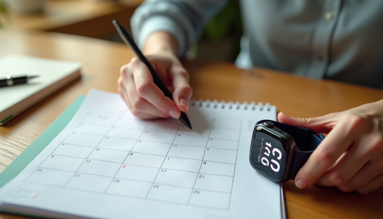 photo of a person looking at a calendar and a wellness tracker, symbolizing the integration of lifestyle factors
