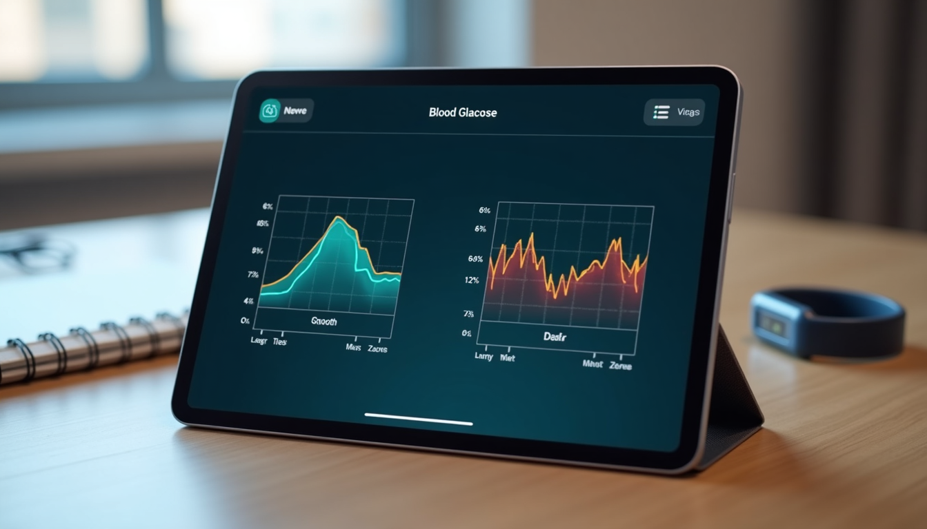 realistic rendering of two contrasting glucose curves on a screen: one smooth and low, one jagged with high peaks