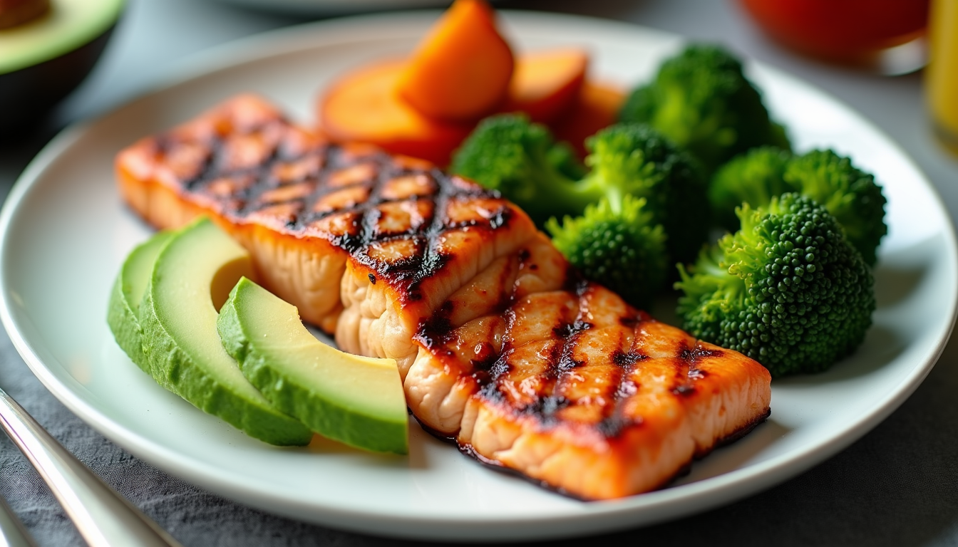 Photo of a balanced meal on a plate: grilled salmon, avocado, broccoli, and sweet potato.