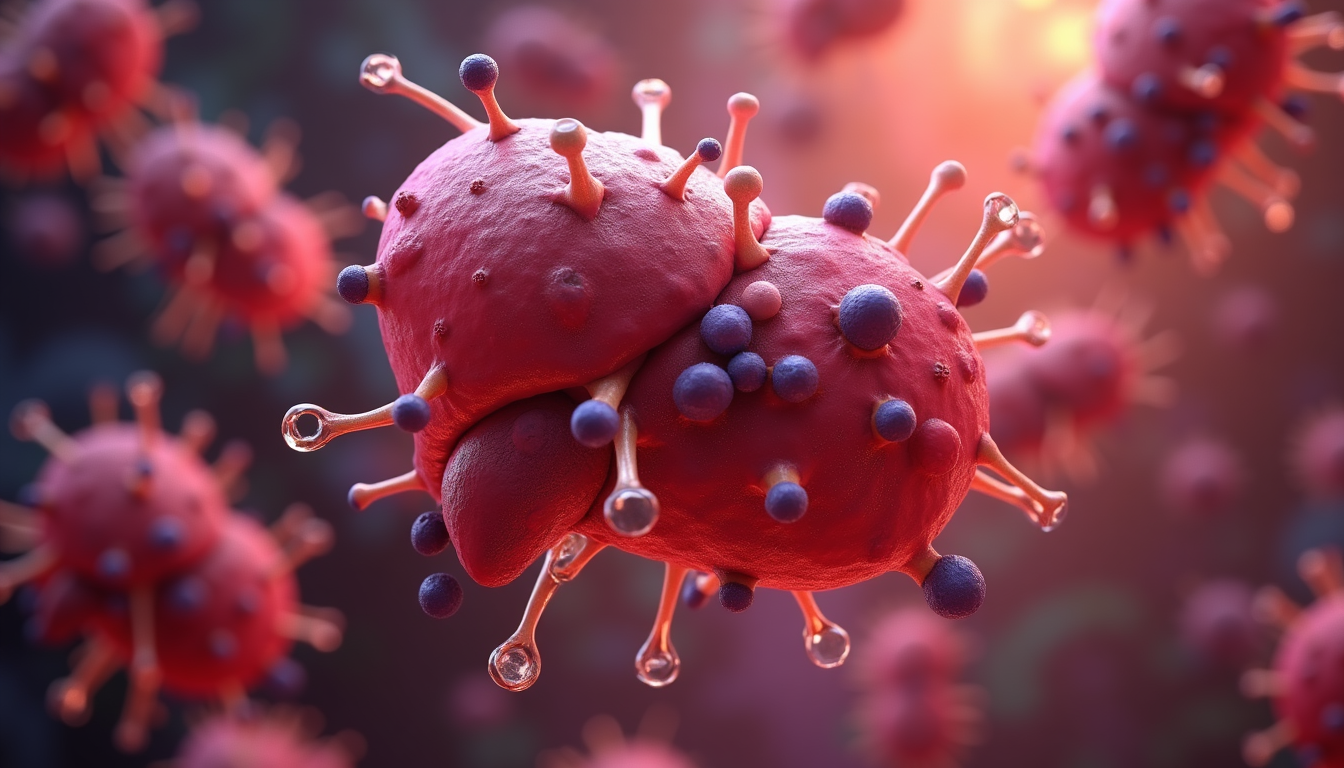 realistic 3D rendering of liver cells showing enzymatic activity and toxin molecules being processed