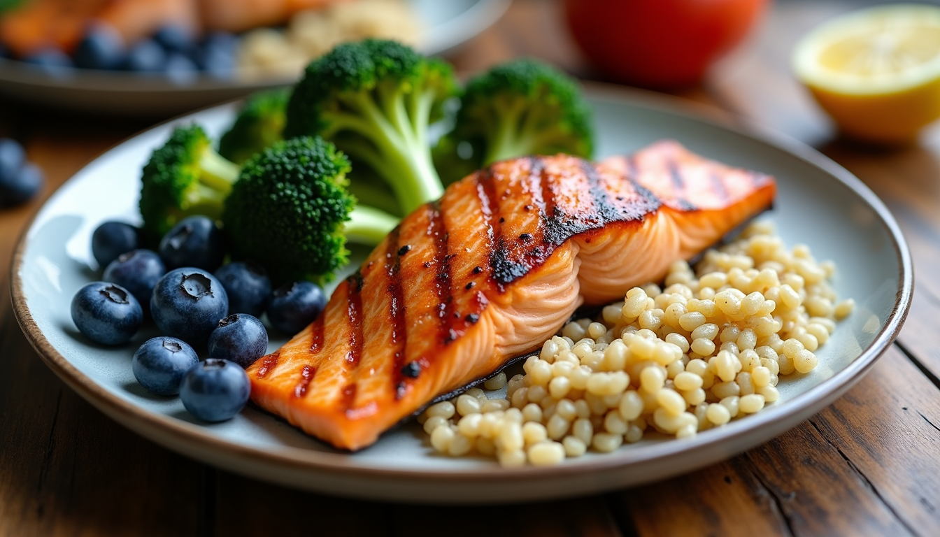 overhead photo of a balanced longevity-focused meal: grilled salmon, quinoa, roasted broccoli, and blueberries on a wooden table