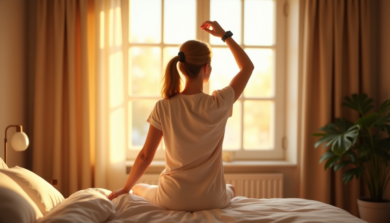 A person standing by a window, stretching in the warm glow of morning sunlight