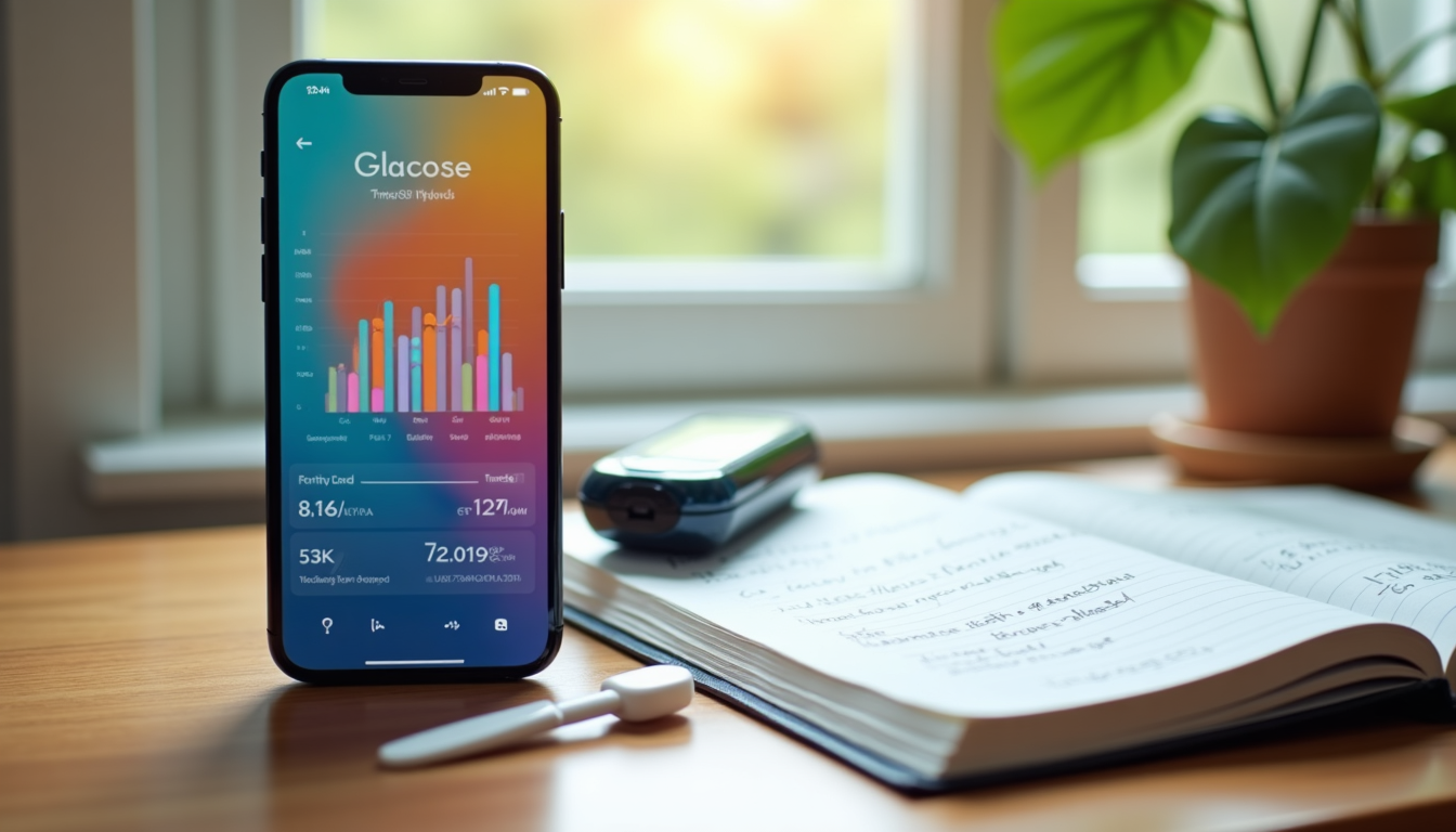 photo of a table with tracking tools: a smartphone displaying a fitness app, a glucose meter, and a notebook