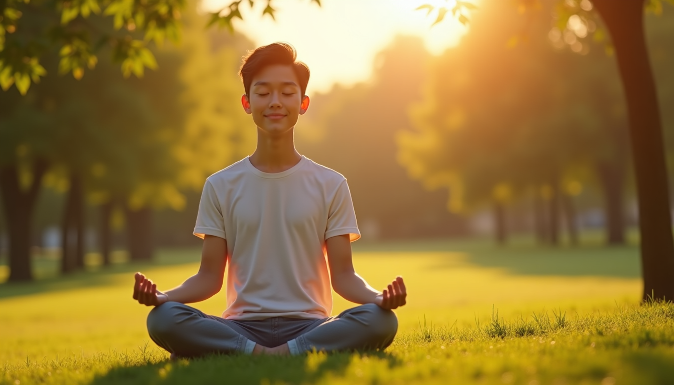 Person practicing mindful breathing or meditation in a peaceful, natural setting like a park