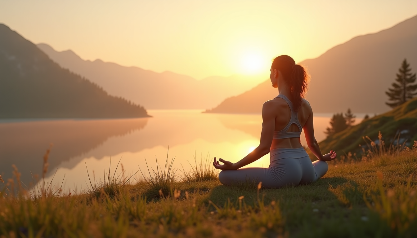 person performing gentle yoga/stretching in a serene, natural setting during a recovery day
