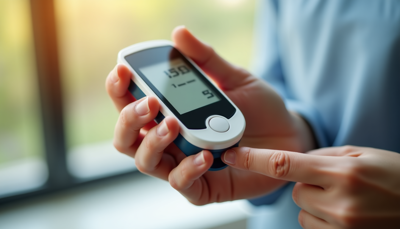 photo of a person checking their blood glucose with a modern digital monitor