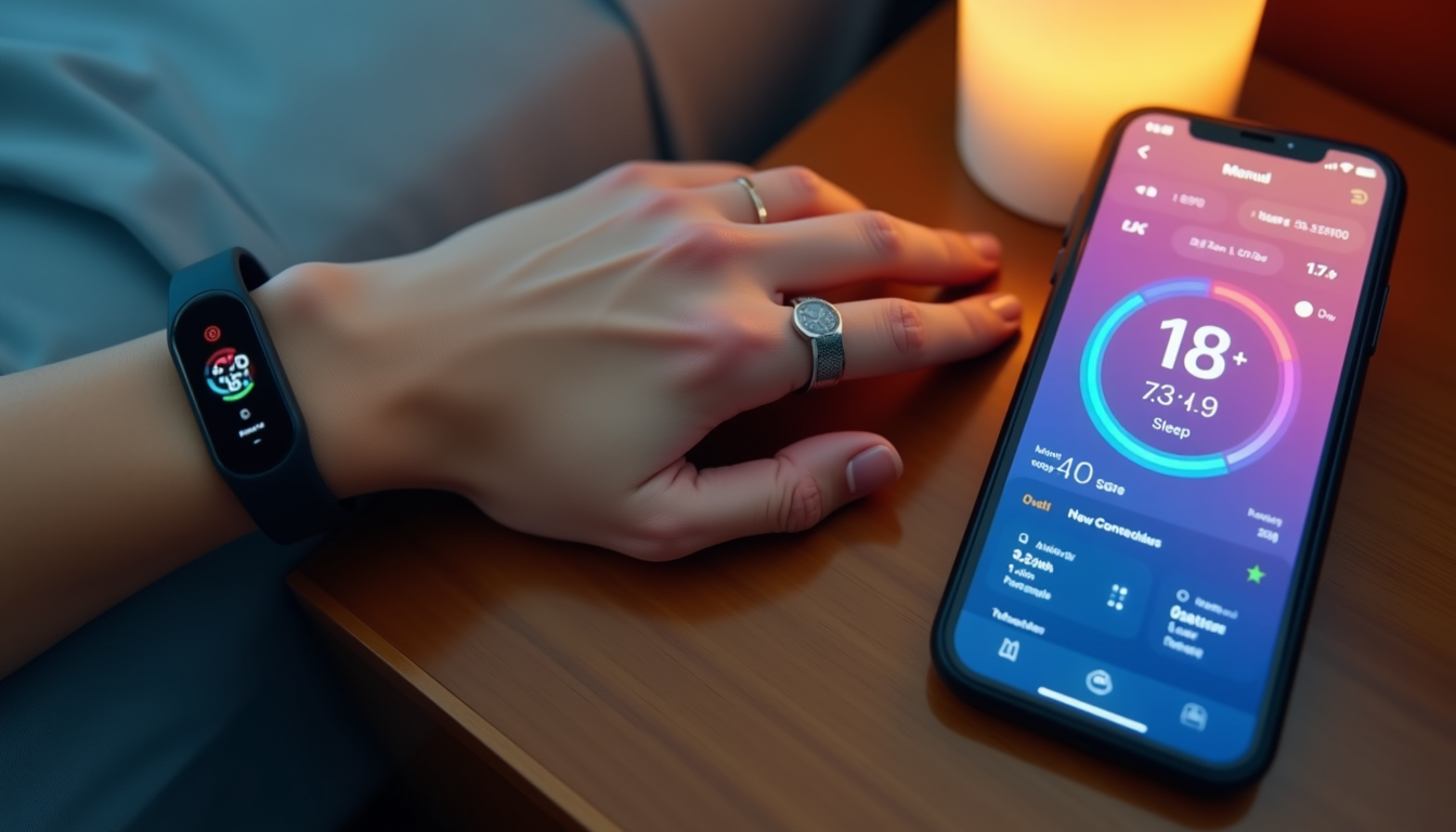 A photo of a hand wearing a smart ring and a wrist wearing a fitness tracker on a nightstand next to a phone displaying a sleep score