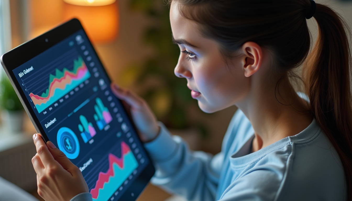 photo of a person looking thoughtfully at a digital tablet showing colorful health data charts