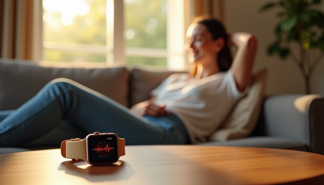 person relaxing comfortably on a sofa, smiling with their smartwatch placed on a table beside them