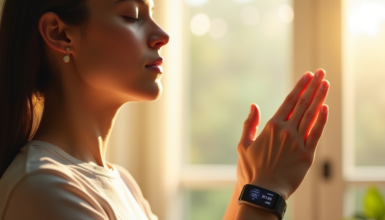 A person using a modern wearable device on their wrist while practicing calm, focused breathing in a serene environment.