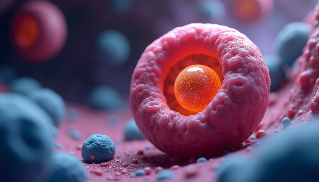 realistic 3D animation render of a cellular vesicle engulfing a damaged, swollen mitochondrion, depicting the process of mitophagy