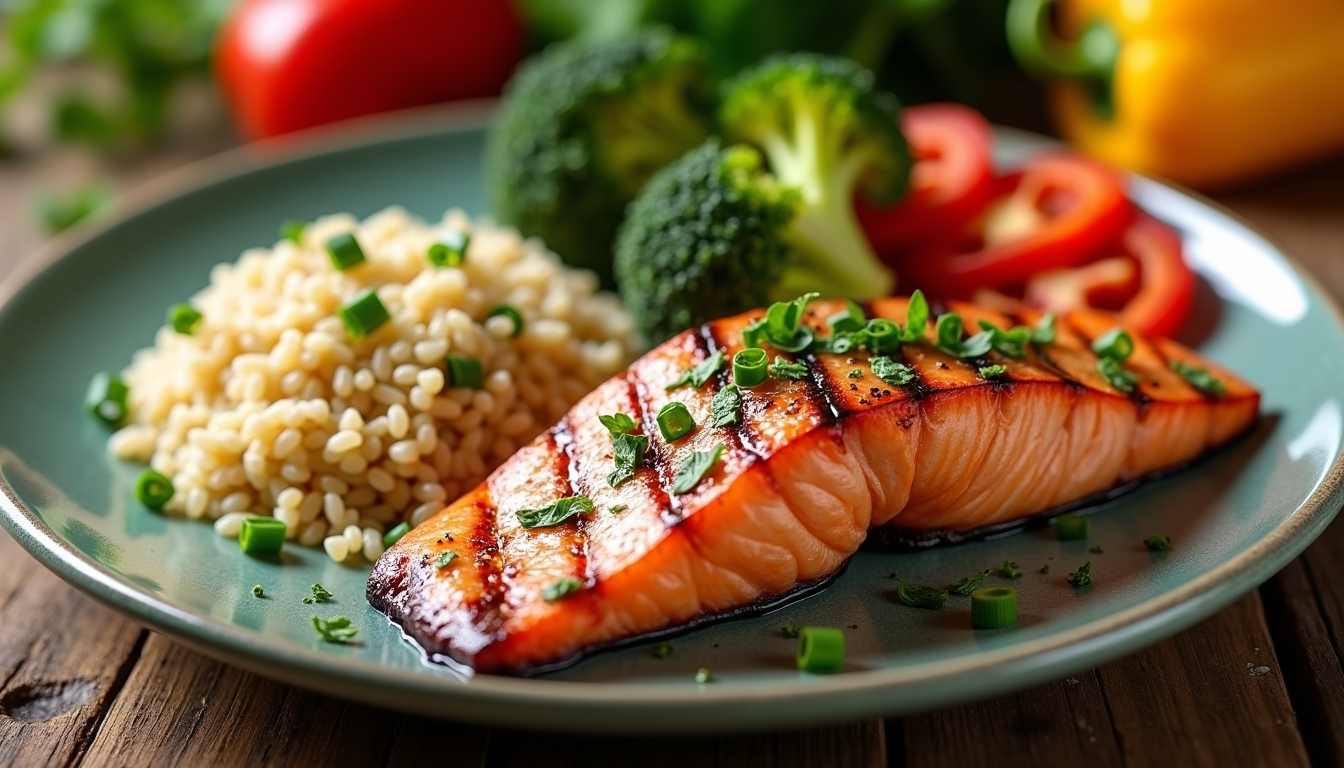 photo of a vibrant, balanced plate of whole foods like grilled salmon, quinoa, and roasted vegetables, representing high-quality macronutrients