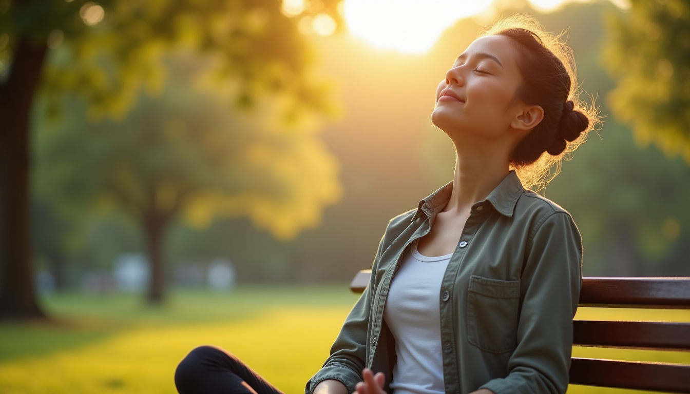 photo of a person practicing diaphragmatic breathing outdoors, sitting calmly on a park bench with eyes closed