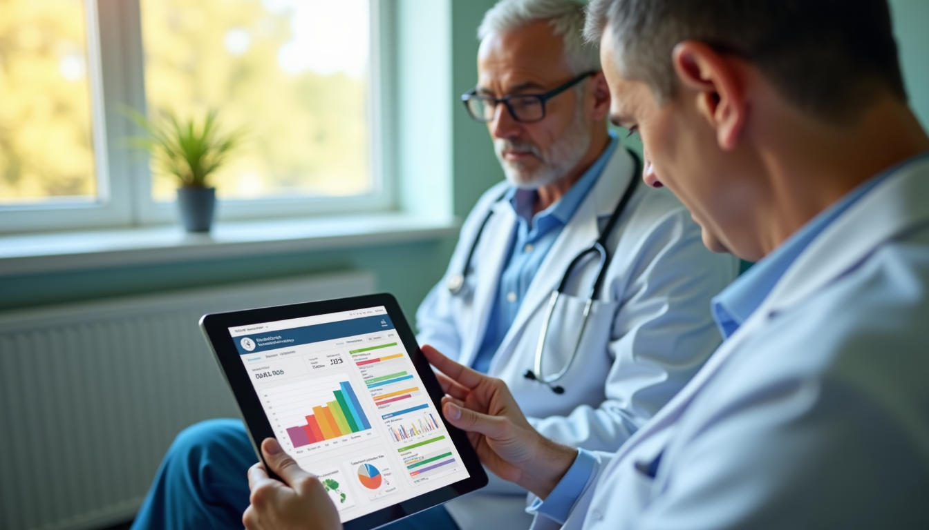 photo of a modern health clinic with a practitioner and patient reviewing biomarker data on a tablet