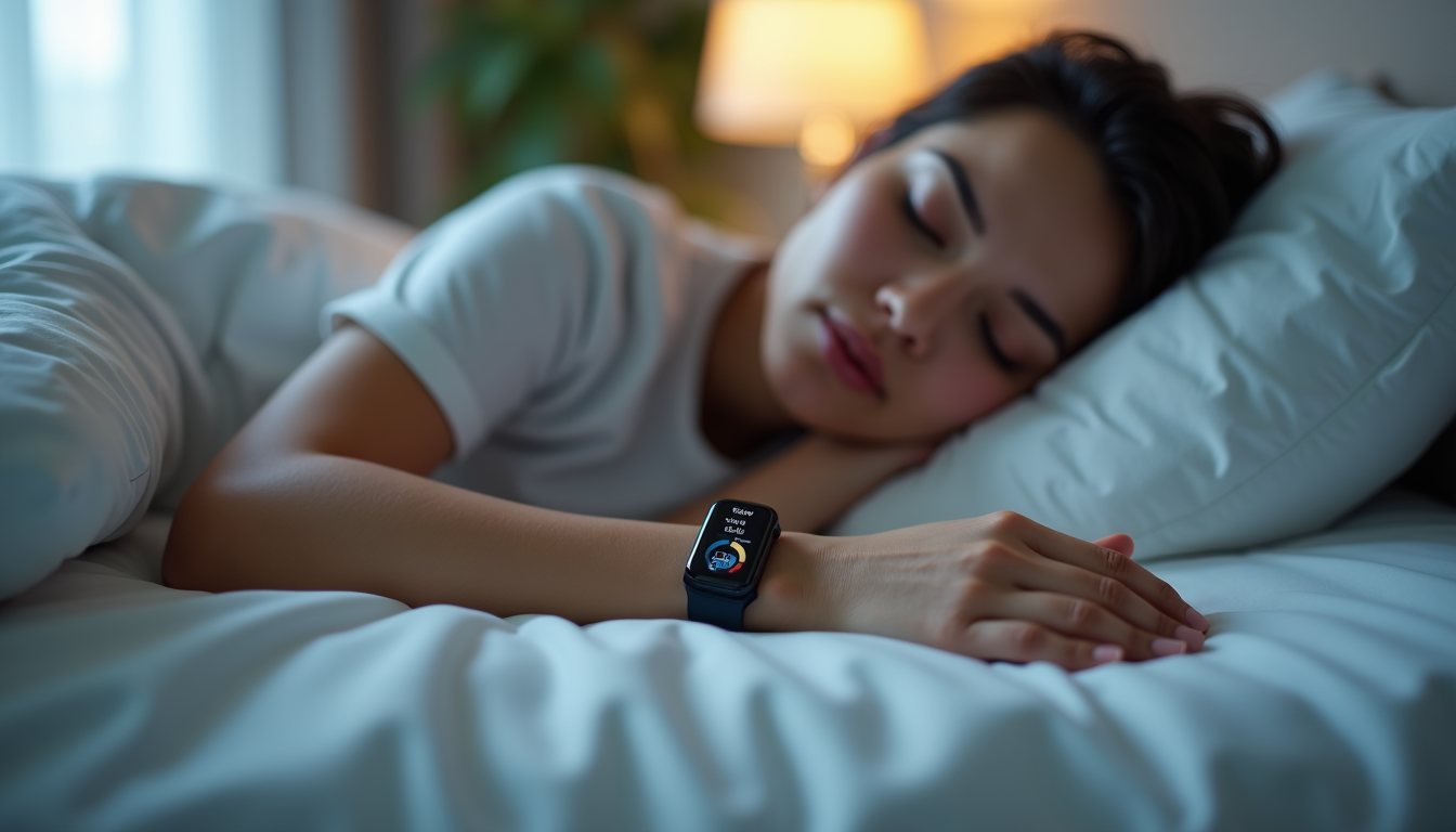 Person sleeping peacefully while a fitness tracker on their wrist displays a sleep graph
