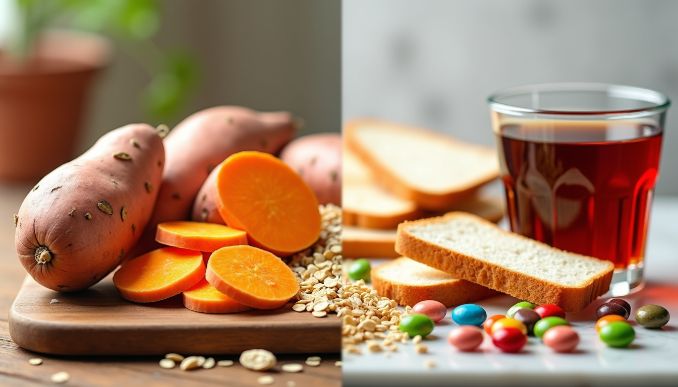 photo showing a side-by-side comparison of complex carbohydrates like sweet potatoes and oats next to simple carbs like candy and white bread