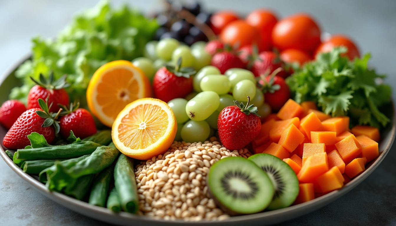Photo of a colorful plate with a variety of healthy, anti-inflammatory foods such as fruits, vegetables, whole grains, and lean proteins