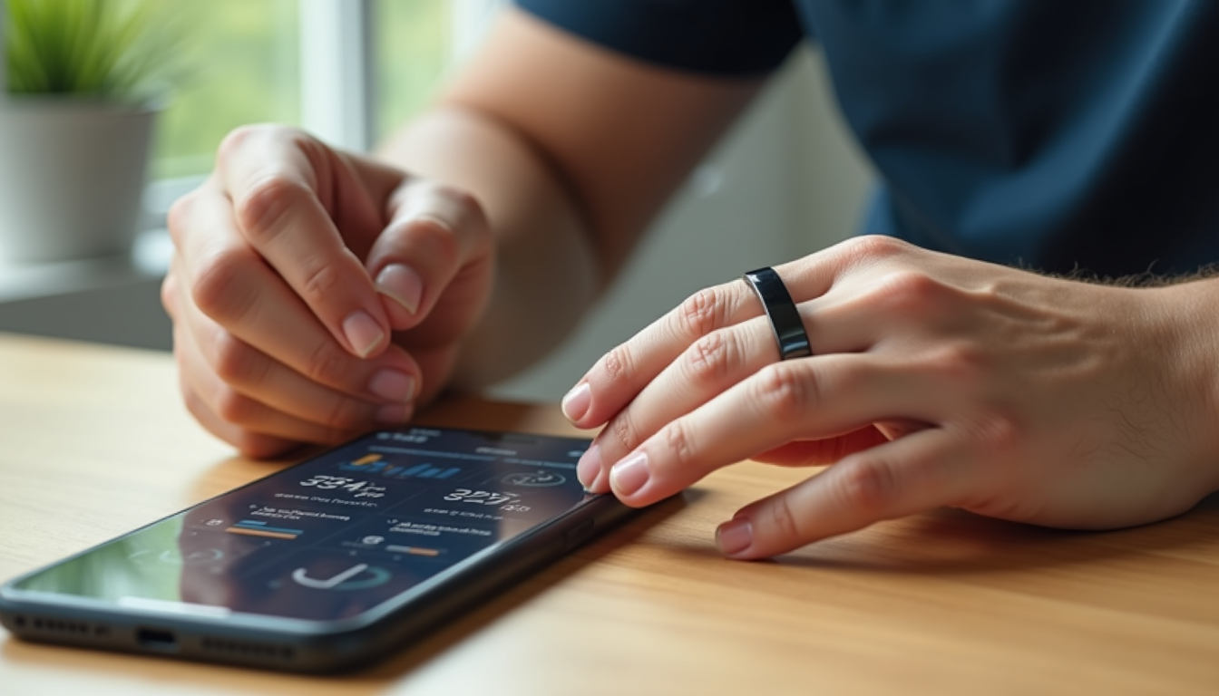Photo of a person's hands placing a smart ring on a finger next to a smartphone showing a recovery app dashboard.