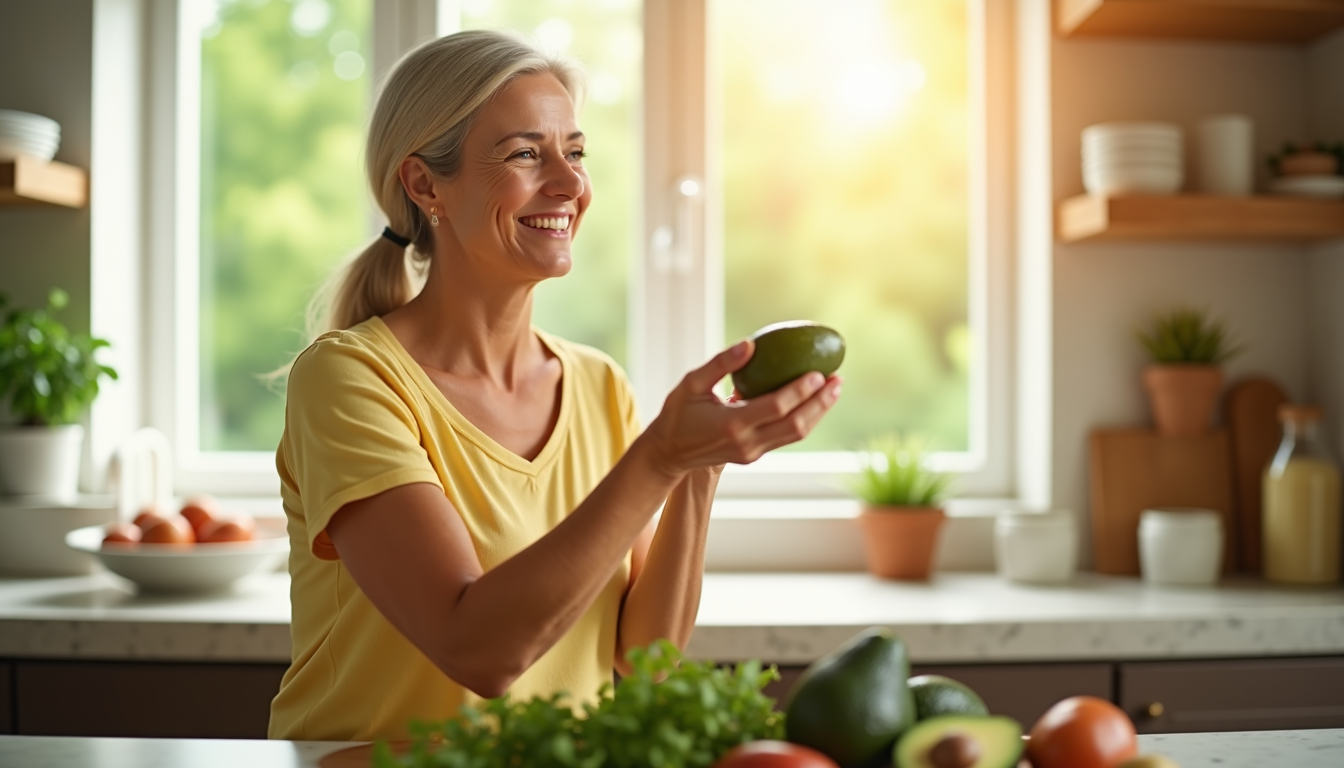 photo of a healthy middle-aged woman smiling and reaching for a fresh avocado, representing vibrant metabolic health