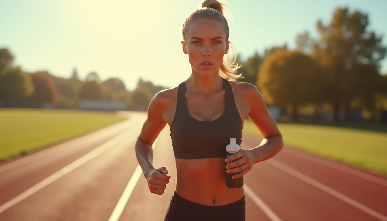 photo of an athlete on a running track, mid-stride, with a focused expression, holding a sports drink bottle