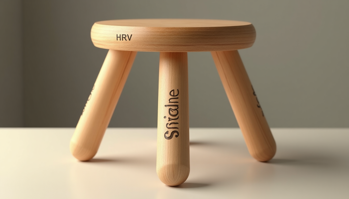 realistic rendering of a stable three-legged stool, with each leg labeled: HRV, Sleep, Activity