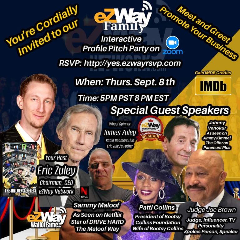 Eric Zuley ‘s star studded pitch party, meet and greet , promote yourself and business at 5PM – 7PM PST (ZOOM EVENT)