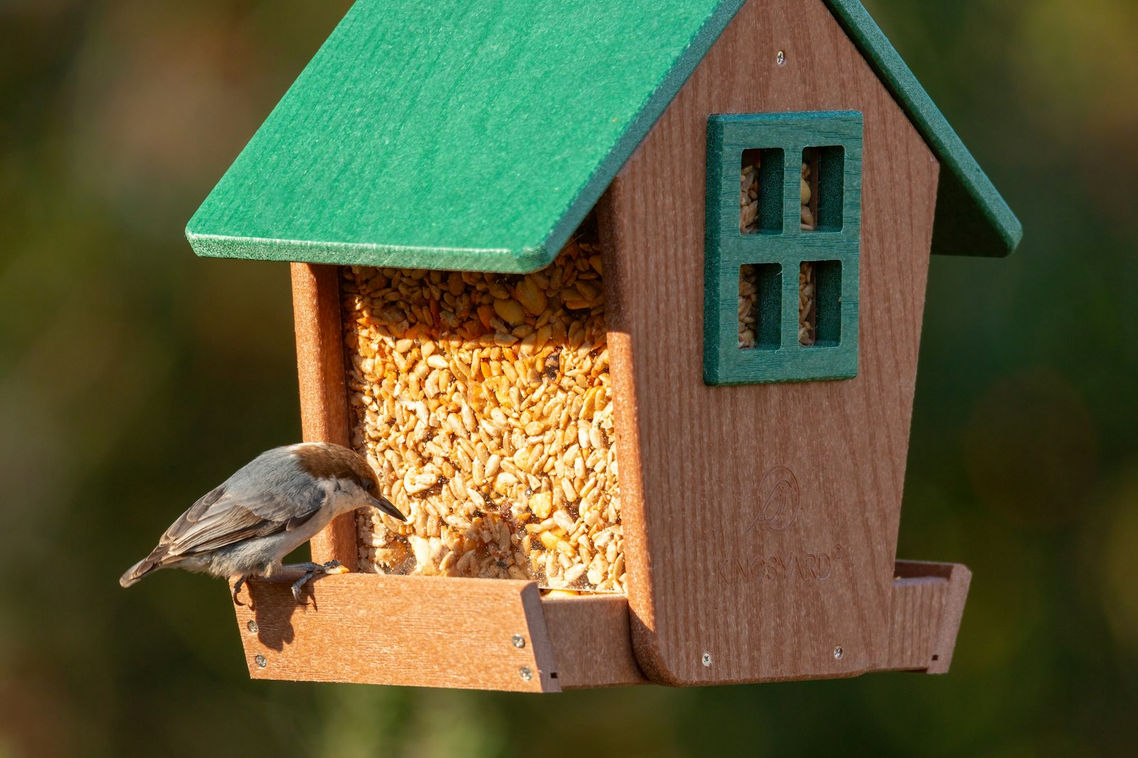 A bird eats from a wooden bird feeder.