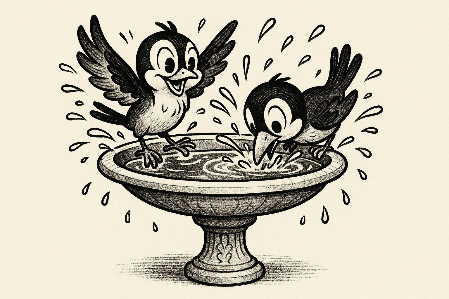an old style black and white cartoon of two birds in a birdbath filled with water