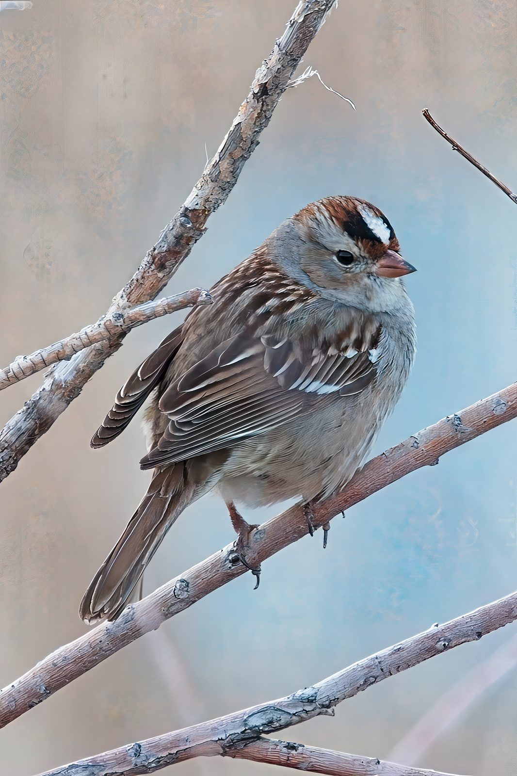 Sun peeking between some Clouds and a White-Crowned Sparrow