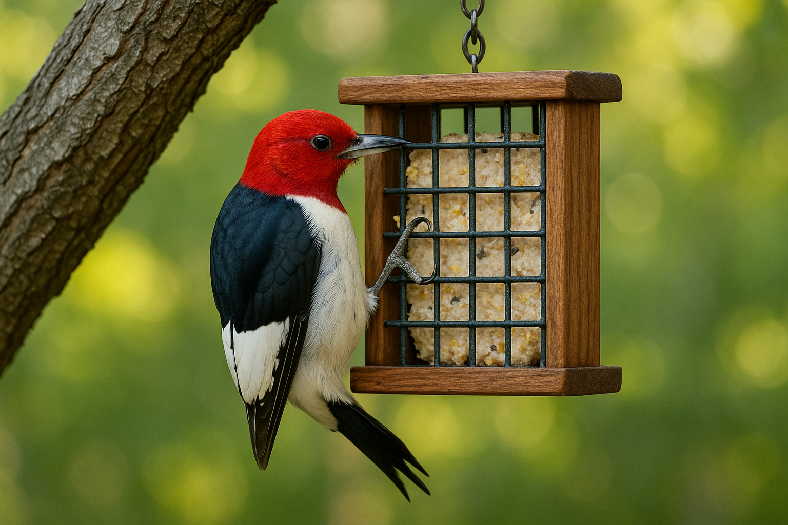 Red-headed woodpecker on a wooden bird feeder with a blurred green background