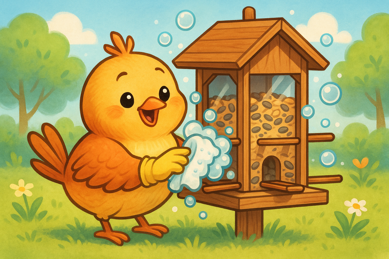 Cartoon chicken holding a cloud of bubbles near a wooden birdhouse in a garden setting.